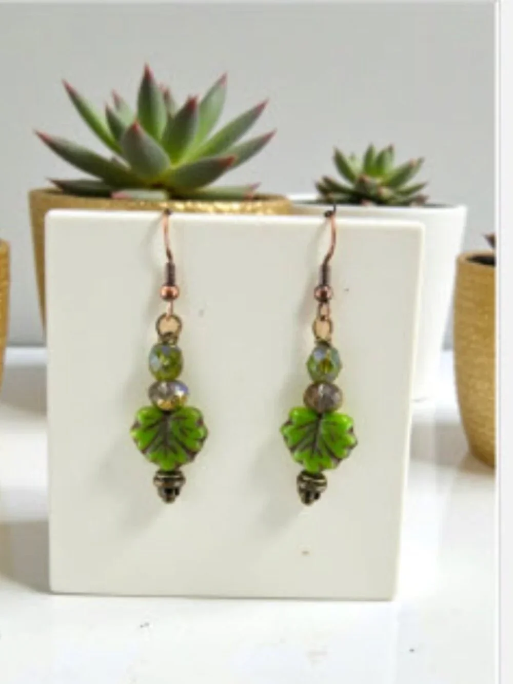 Green Maple Leaf Earrings Czech Glass Botanical Cottagecore Copper Dangle 2